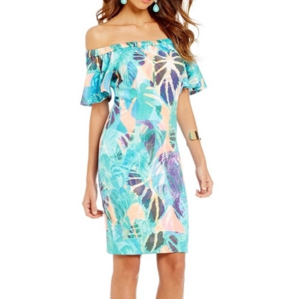 NWT Gianni Bini Addison Strapless Tropical Floral Dress Mint Seafoam / Peach S - Picture 2 of 16